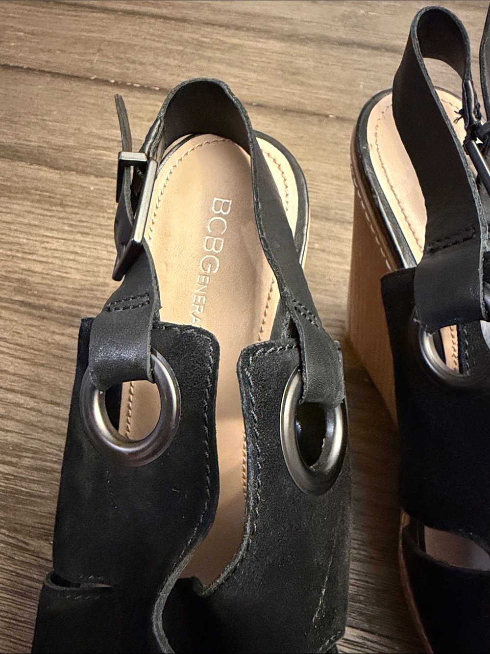 BCBGeneration Black Suede Slingback Platform Wedge Sandals - Picture 3 of 11